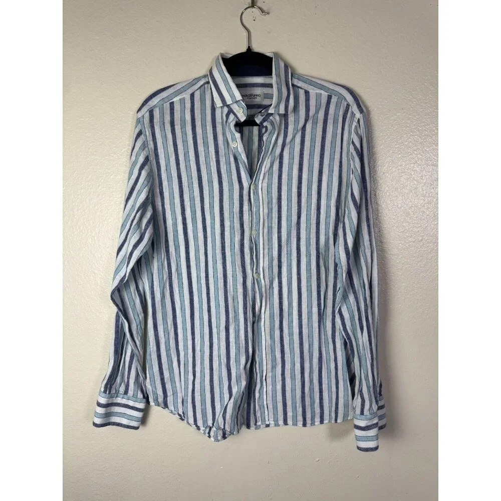 Nerosfumato Positano Blue Striped Linen Button Up Shirt Men‎ Medium Long sleeve